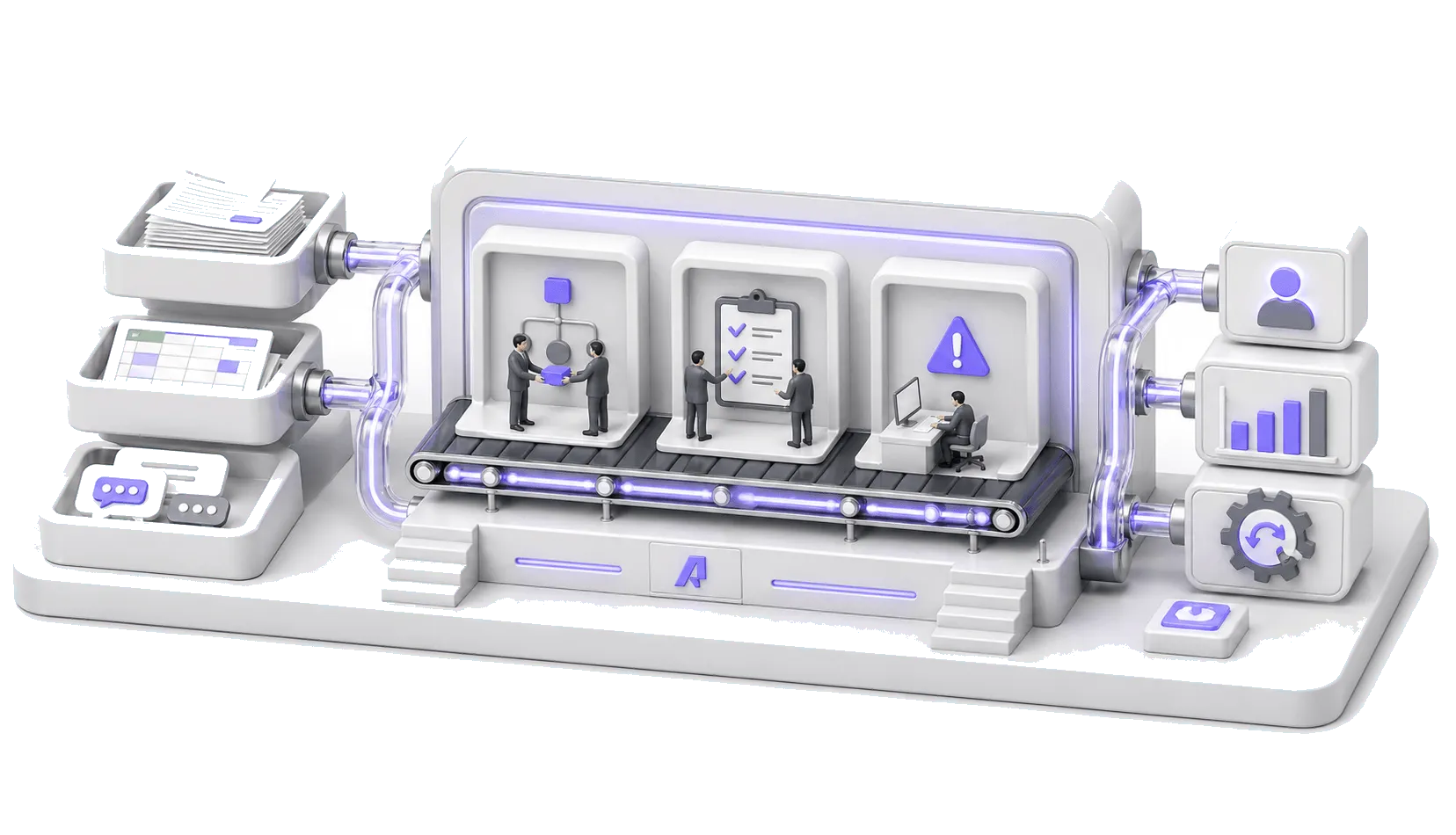 Isometric workflow machine showing manual inputs becoming a unified operations system.